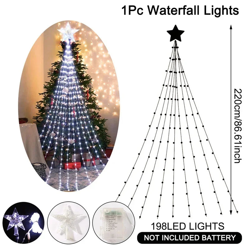 Waterfall lights with a Christmas tree and star decoration, showing product details and usage.