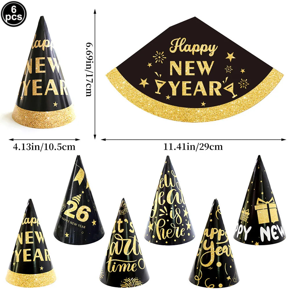 6pcs Black & Gold 2026 New Year Paper Cone Hats