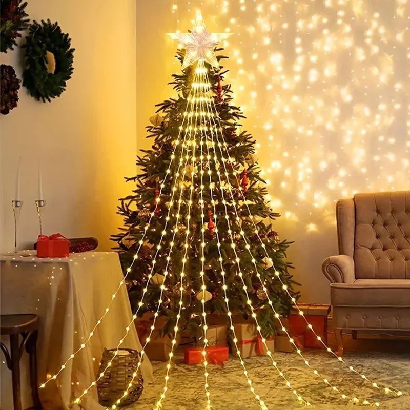 Decorated Christmas tree with string lights in a cozy living room setting.