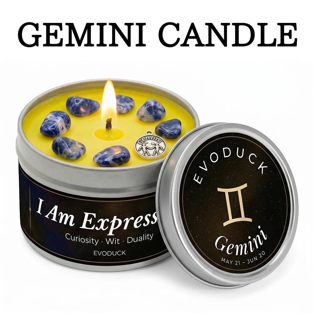 Gemini candle in a tin with a lit candle inside, featuring the brand 'Evoduck'.