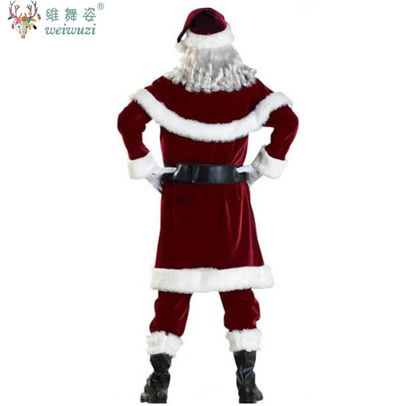 Santa Claus costume with red suit, white fur trim, and black belt on a white background.