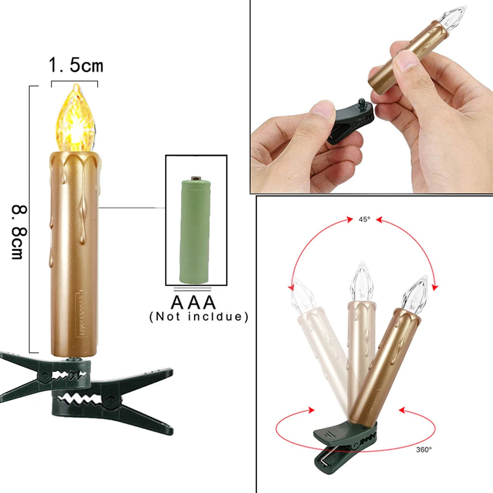 Decorative candle with dimensions, usage instructions, and compatibility details on a white background.