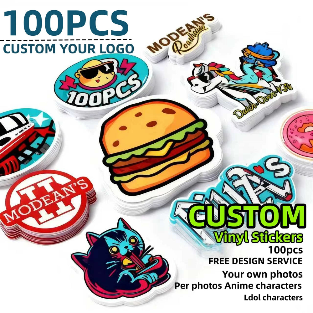 Collection of custom vinyl stickers with various designs on a white background.