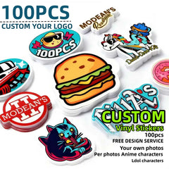 Collection of custom vinyl stickers with various designs on a white background.
