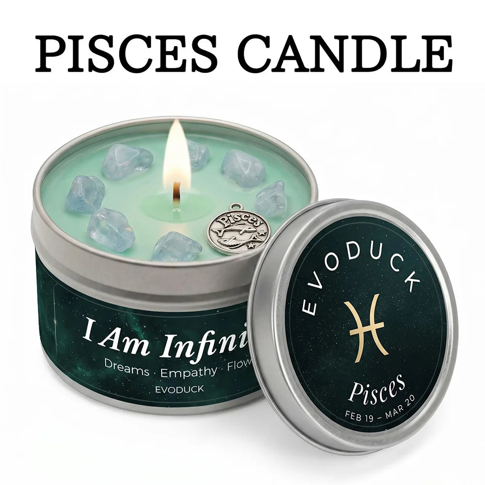 Pisces candle in a tin with 'I Am Infinite' text and 'Evoduck' branding.