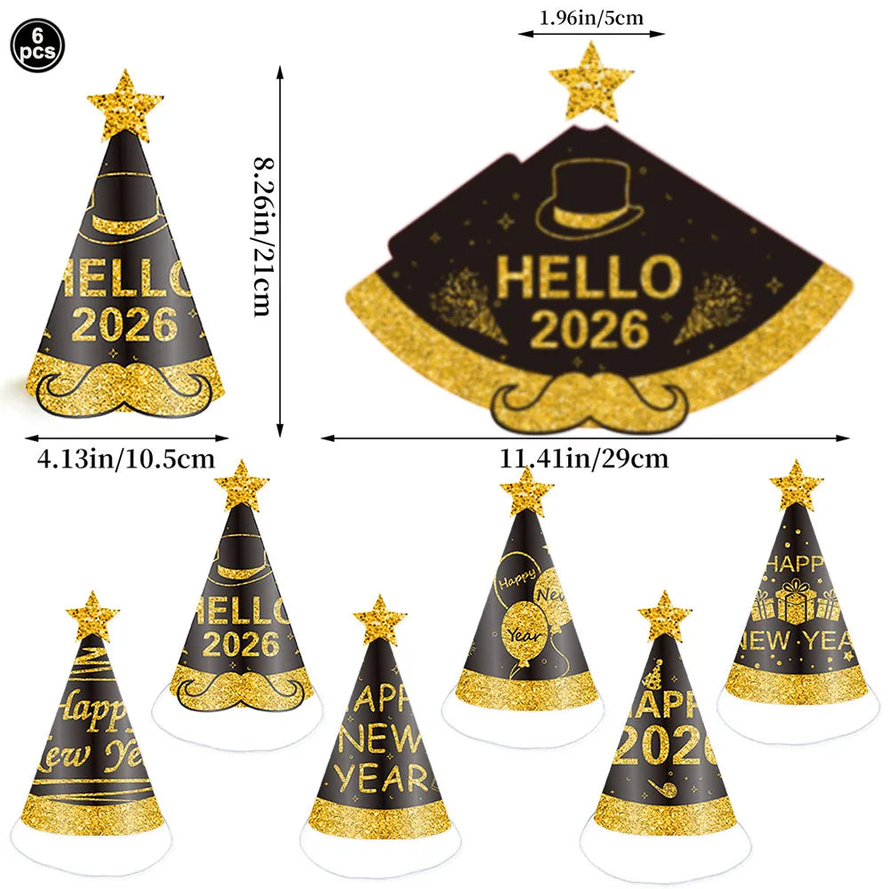 6pcs Black & Gold 2026 New Year Paper Cone Hats
