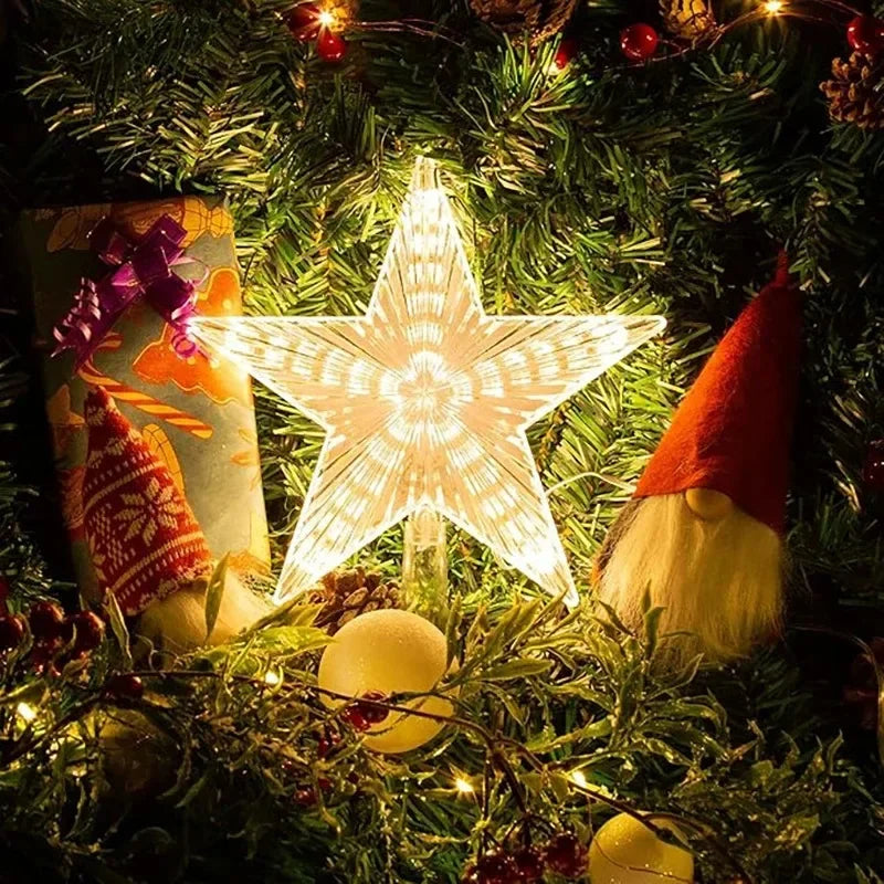 Decorative star light on a Christmas tree with festive ornaments.