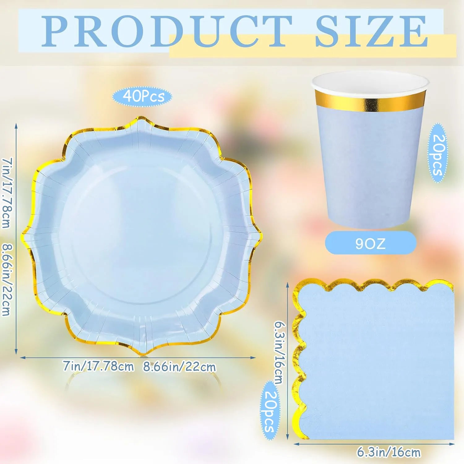 Dusty Blue Gold Rim Party Plates Set