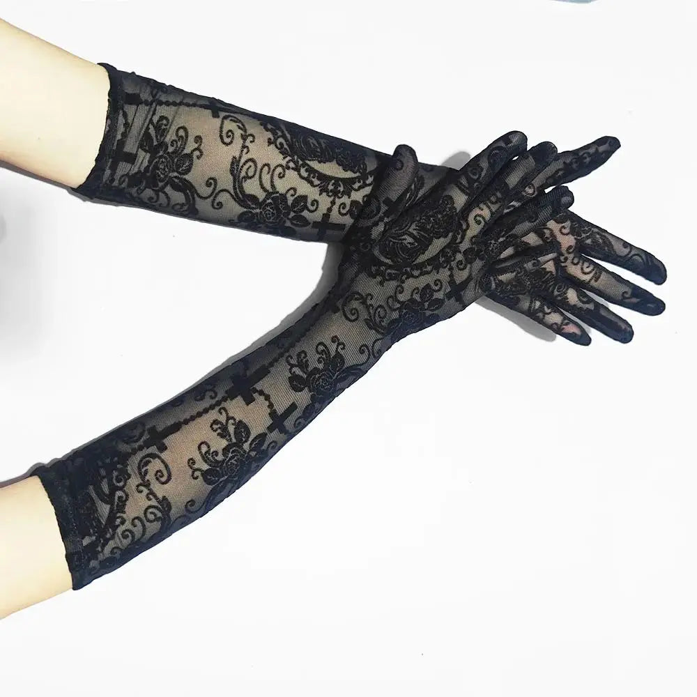 Skeleton Cross Lace Fingerless Gloves – Halloween Cosplay Accessory - candletown.net