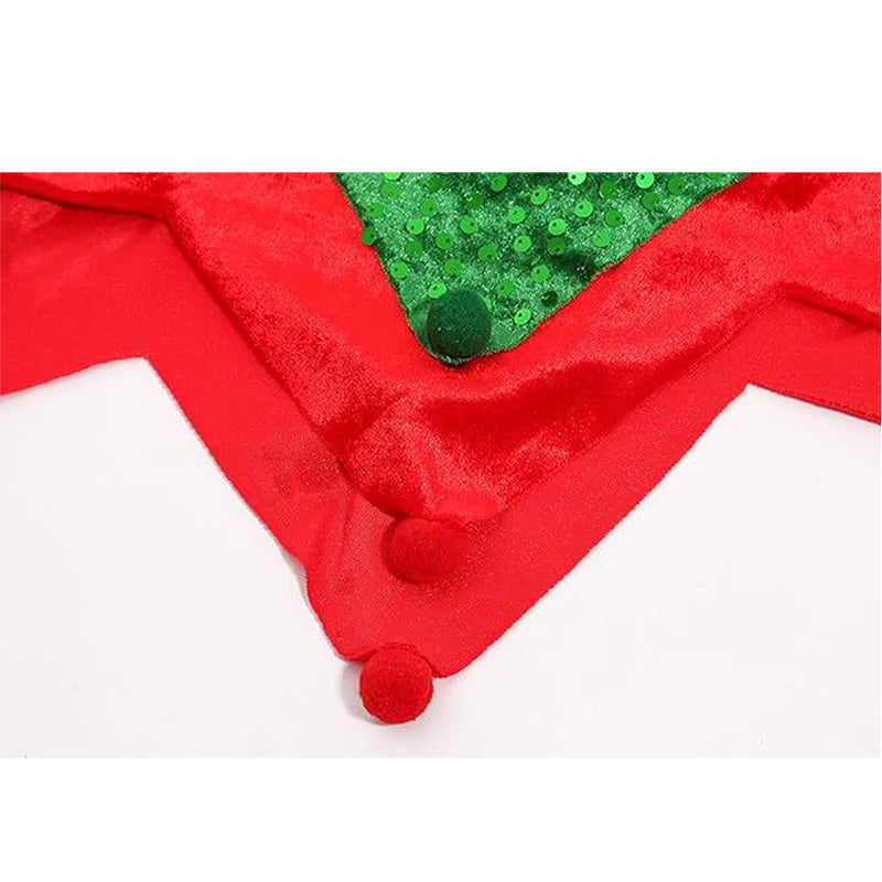 Red and green Christmas tree skirt with glittery texture on a white background