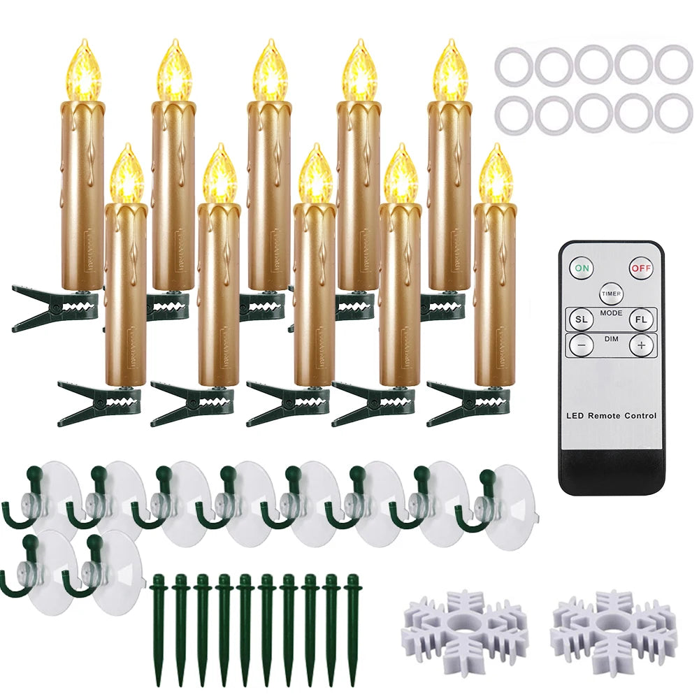 Set of LED candles with remote control, hooks, and stakes on a white background