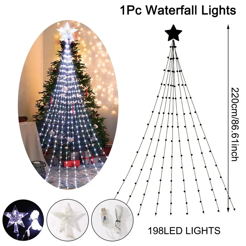 Waterfall lights with a Christmas tree and star decoration, showing dimensions and LED count.