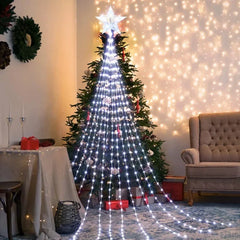Decorated Christmas tree with string lights in a living room setting