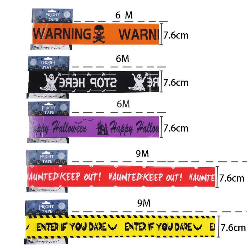 Halloween-themed warning tapes with measurements on a white background