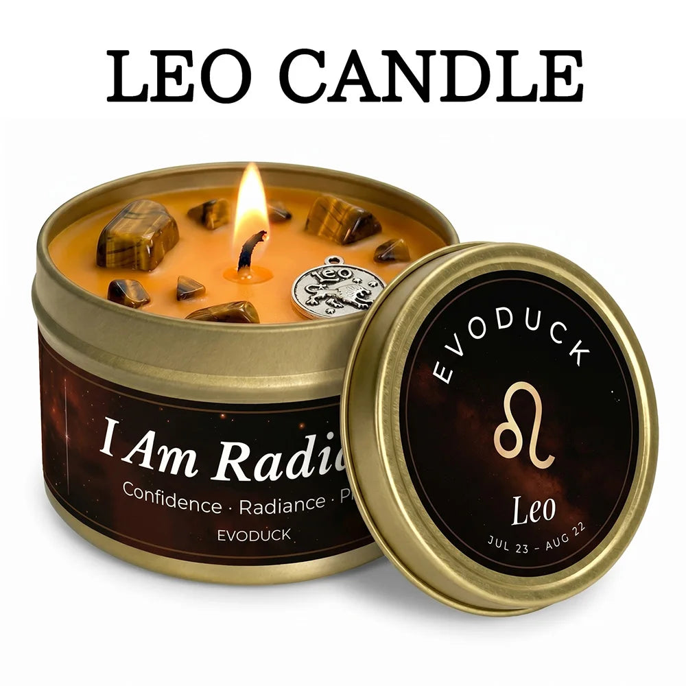 Leo candle in a tin with 'I Am Radiant' text and Evoduck branding.