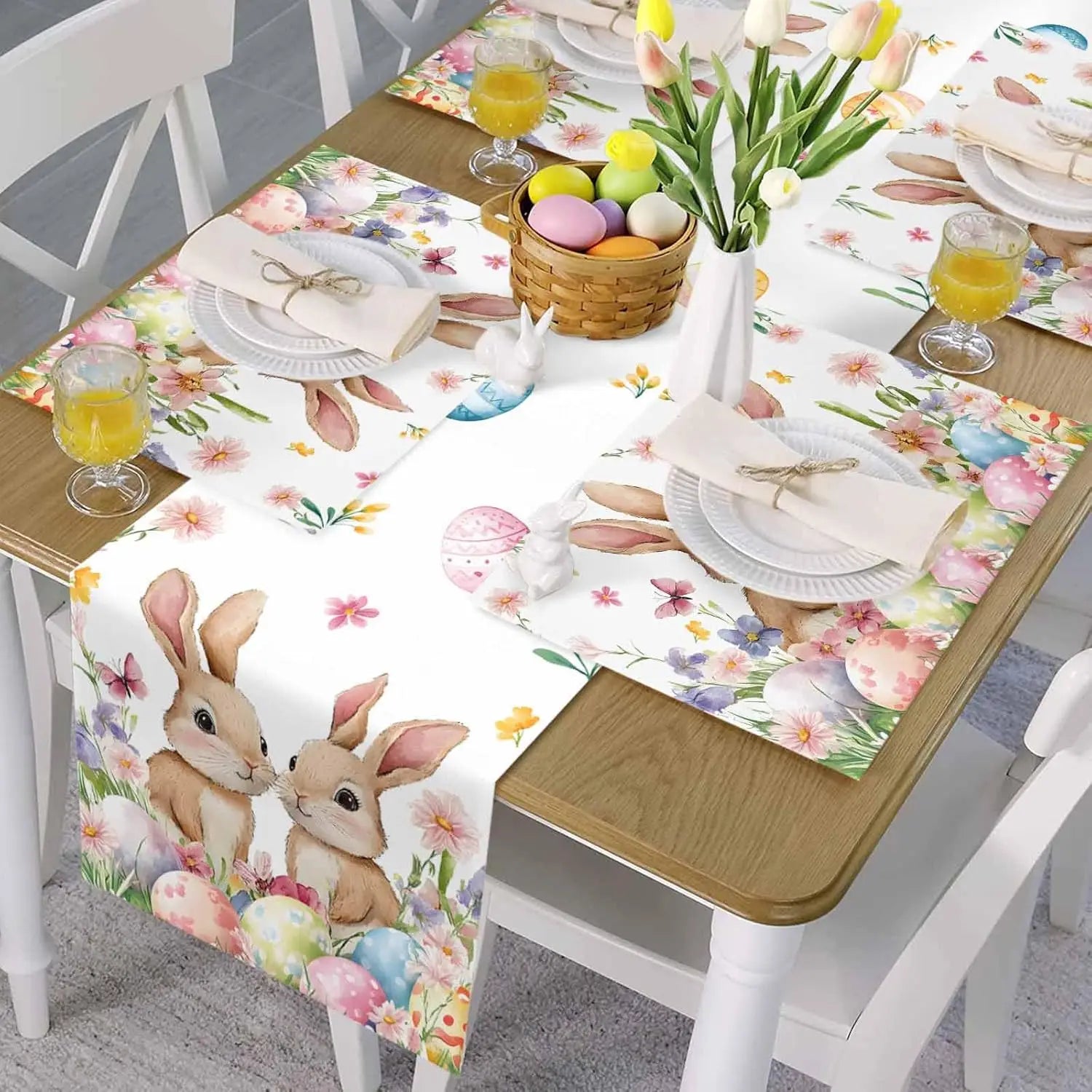 Easter Bunny & Flower Linen Table Runner - candletown.net