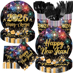 New Year's Eve party supplies including plates, cups, and utensils with 'Happy New Year 2026' design.