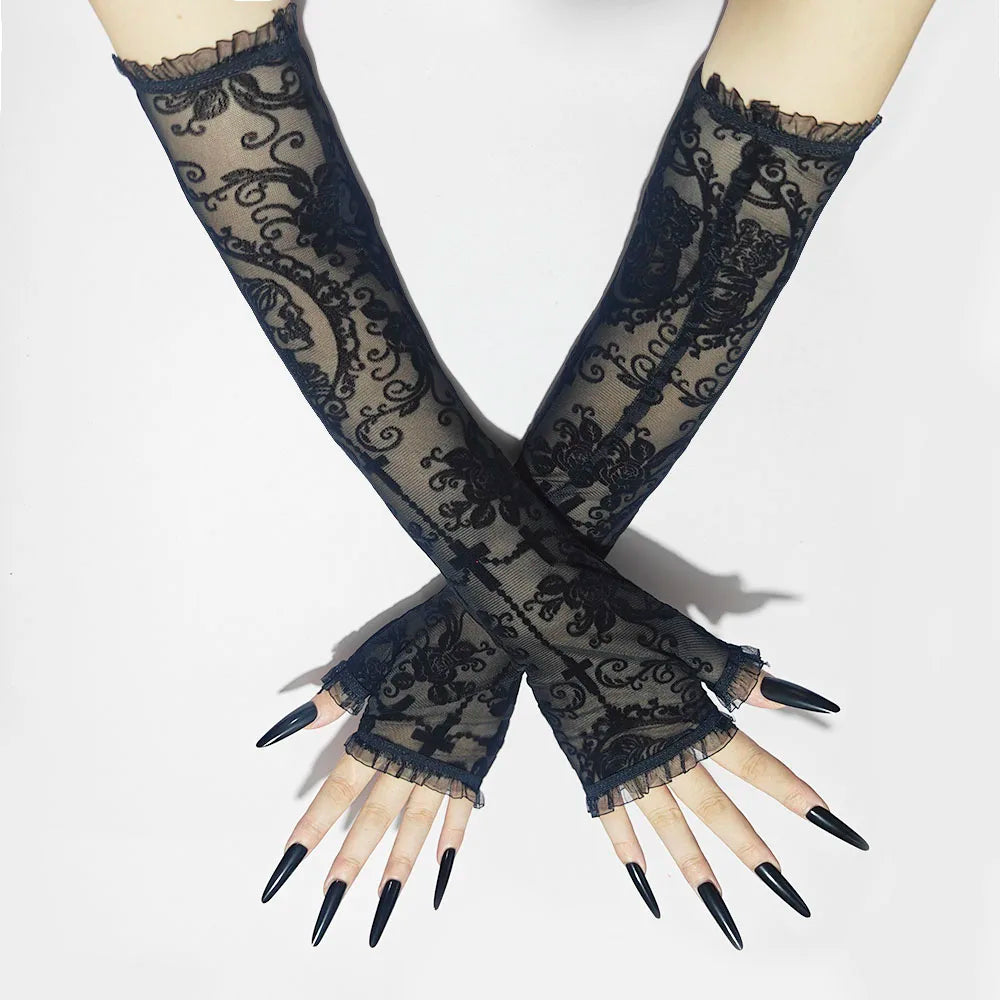 Skeleton Cross Lace Fingerless Gloves – Halloween Cosplay Accessory - candletown.net