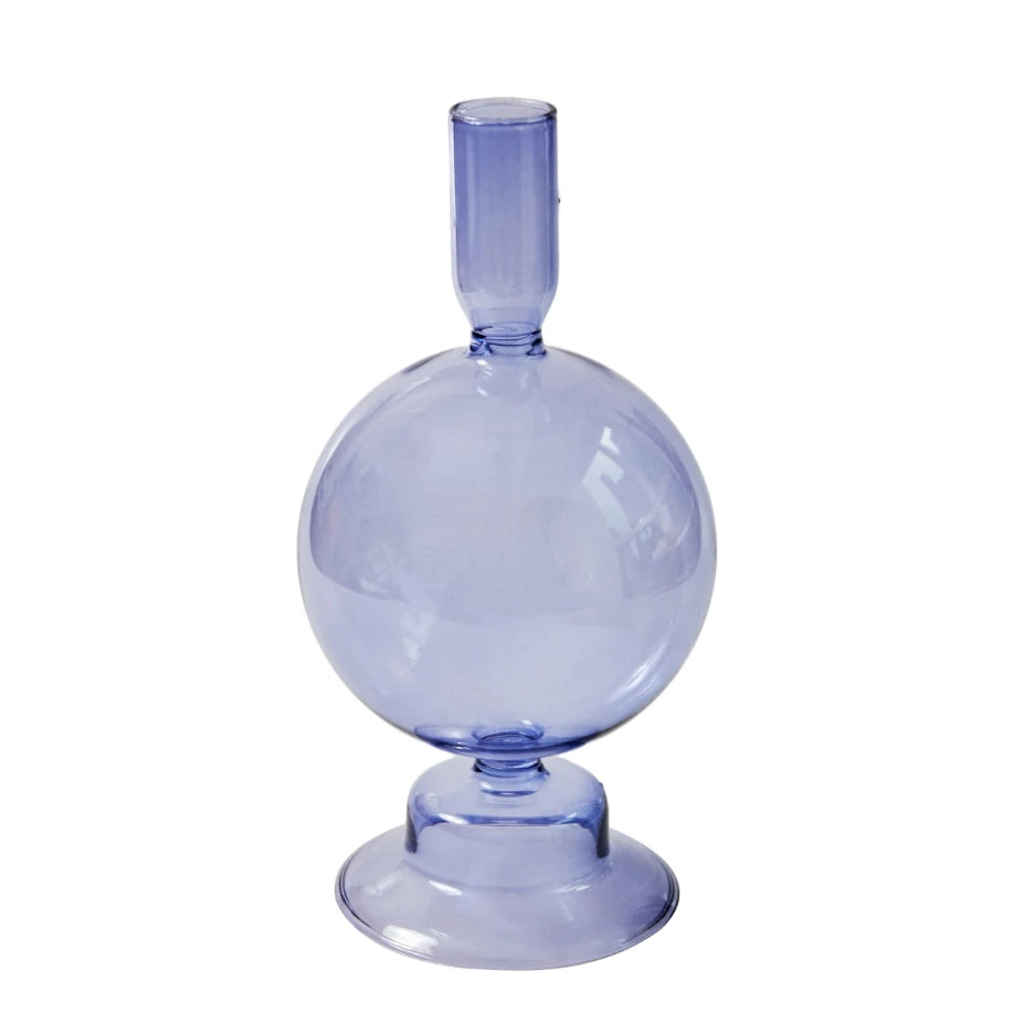 Clear glass vase with a wide base and narrow neck on a white background