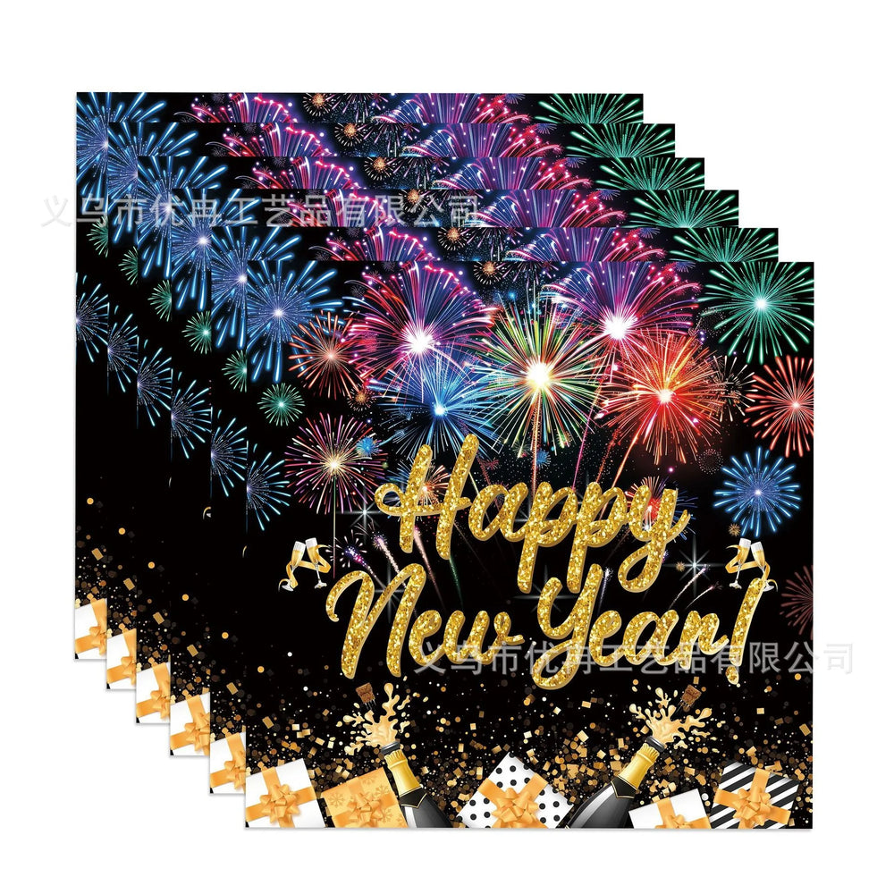 Set of 'Happy New Year' placemats with fireworks design on a black background