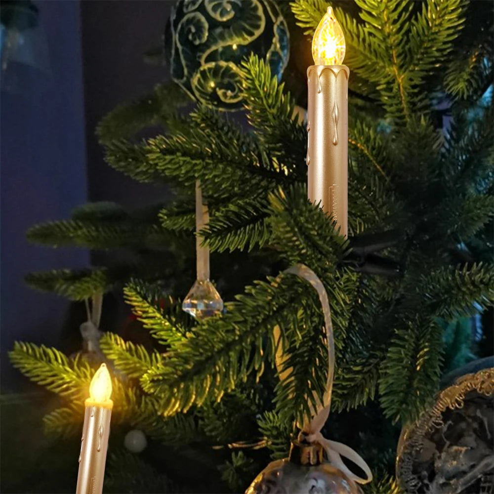 Decorative candles and ornaments on a Christmas tree with a dark background