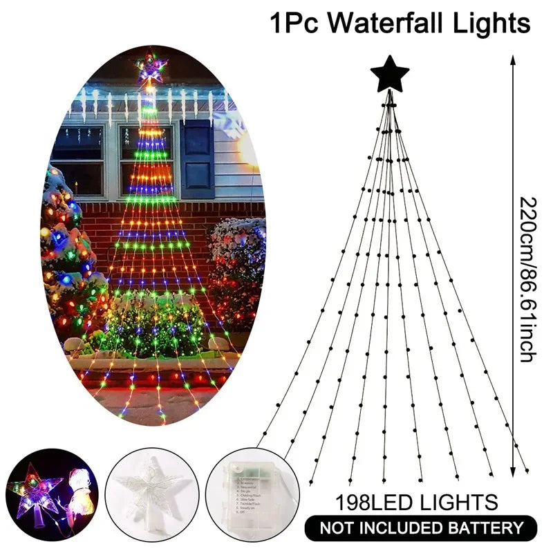 Waterfall lights with a star top, shown with measurements and additional images of the product.