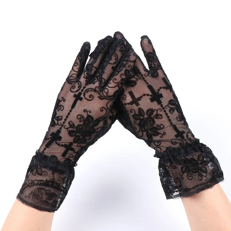 Skeleton Cross Lace Fingerless Gloves – Halloween Cosplay Accessory - candletown.net