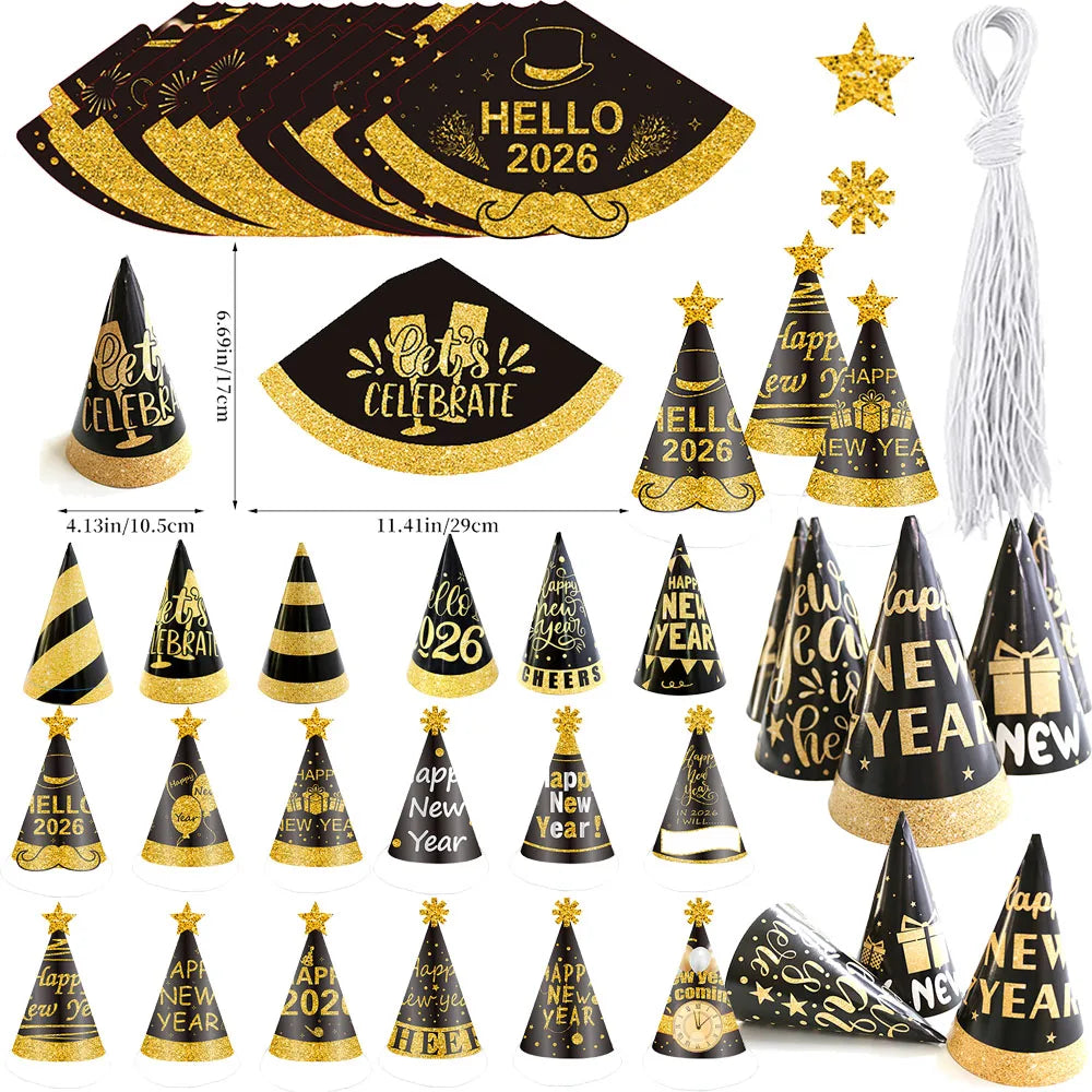 6pcs Black & Gold 2026 New Year Paper Cone Hats