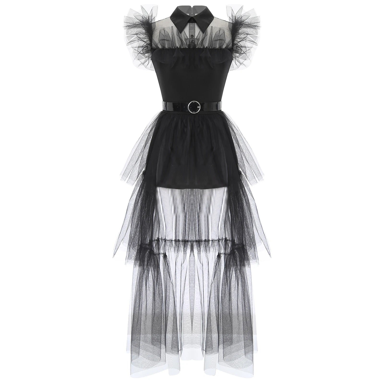 Gothic Witch Halloween Costume for Adults – Ruffled Mesh Long Dress with Belt - candletown.net