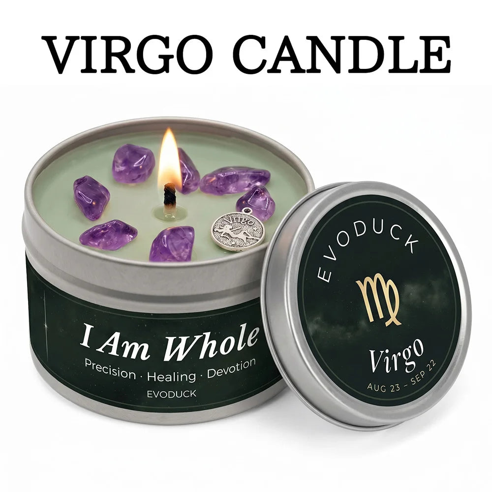 Virgo candle in a tin with purple stones and a lit wick, branded 'Evoduck'.