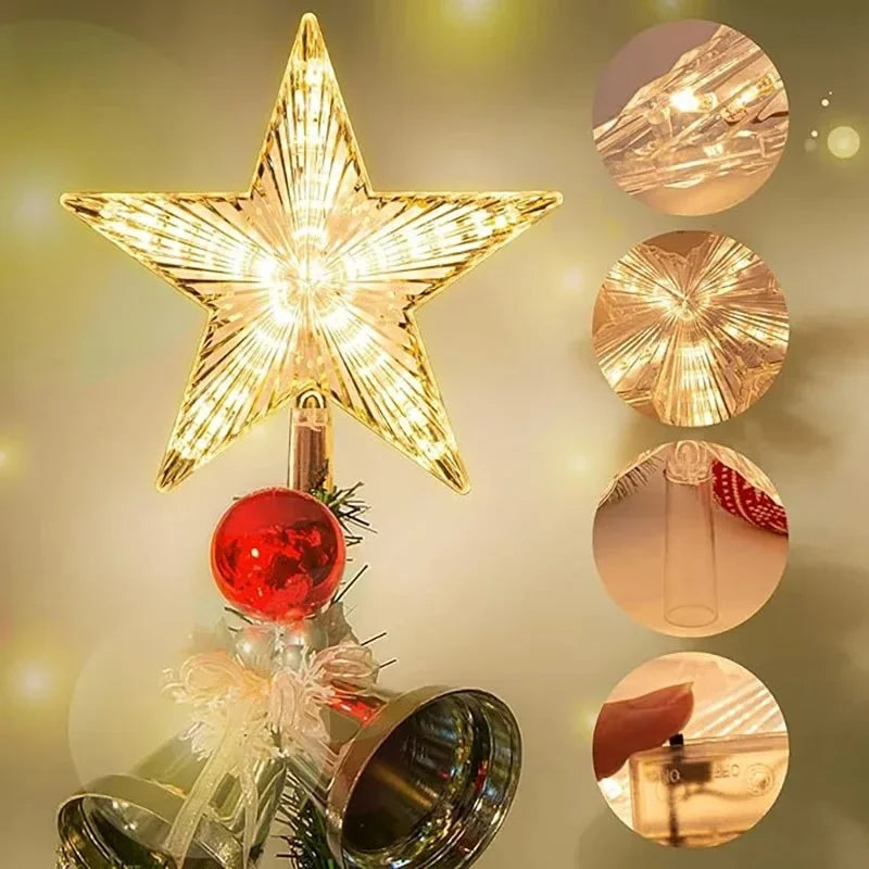 Decorative Christmas tree topper with star, red ball, and bells on a light background.