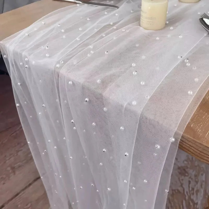 White Pearl Table Runner – Lace Tulle Wedding Decor - candletown.net