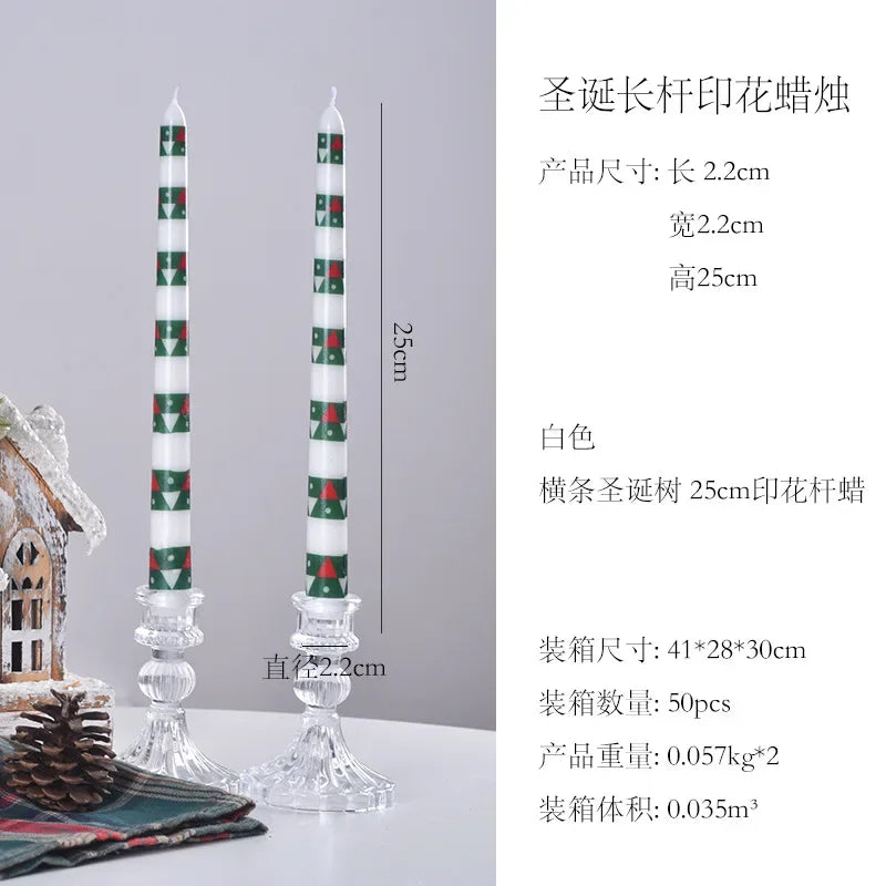 Two Christmas-themed candles with decorative patterns on a gray background, accompanied by product dimensions and packaging details.