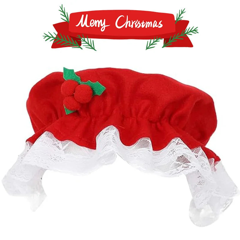 Red pet dress with white lace trim and green floral details, featuring a 'Merry Christmas' banner on a white background.
