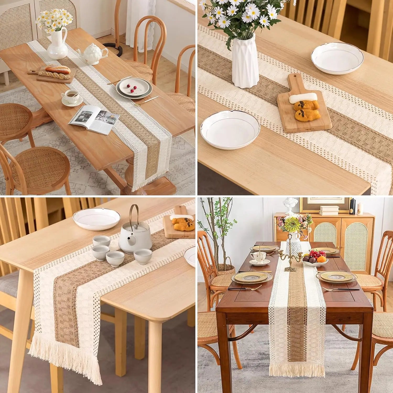 Boho Farmhouse Linen Table Runner with Tassels - candletown.net