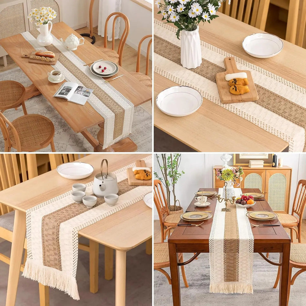 Boho Farmhouse Linen Table Runner with Tassels - candletown.net