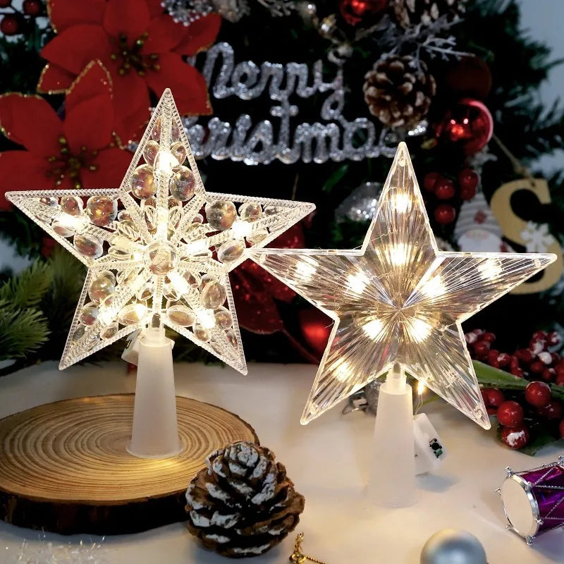 Two star-shaped LED lights on a Christmas-themed background with 'Merry Christmas' text.
