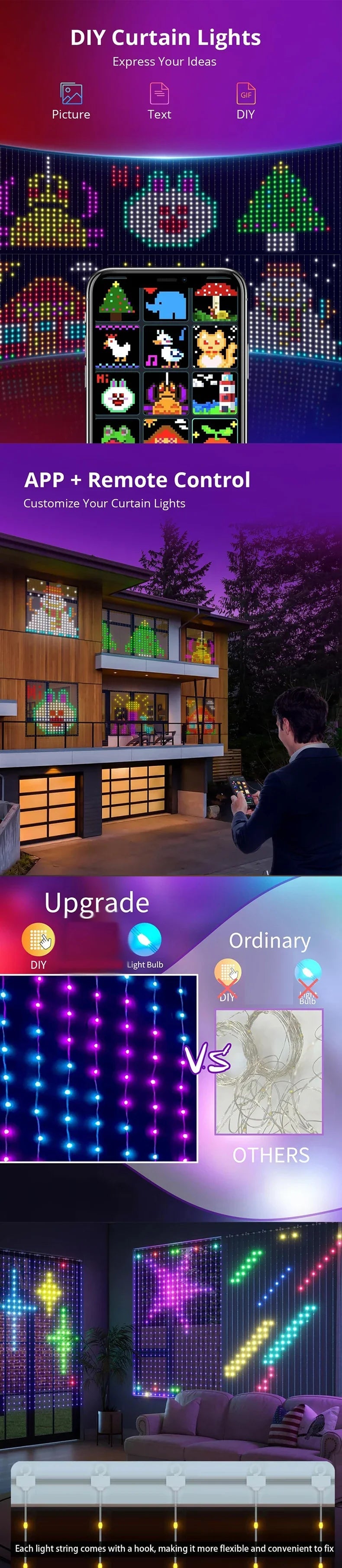 Smart Curtain Lights with Bluetooth App Control - RGB LED String for DIY Decor - candletown.net