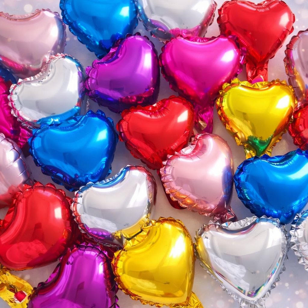 Colorful heart-shaped foil balloons on a glittery background