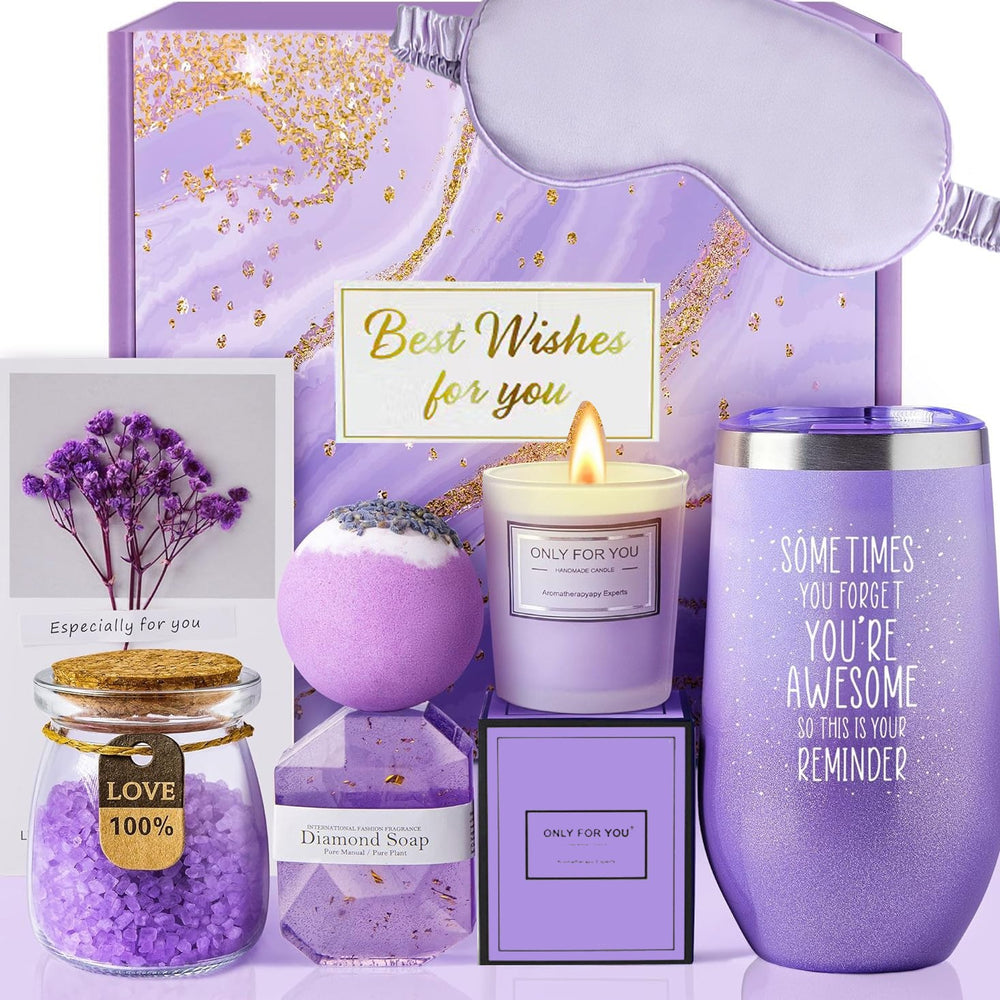 Collection of purple-themed products including a candle, tumbler, and bath bomb on a white background.