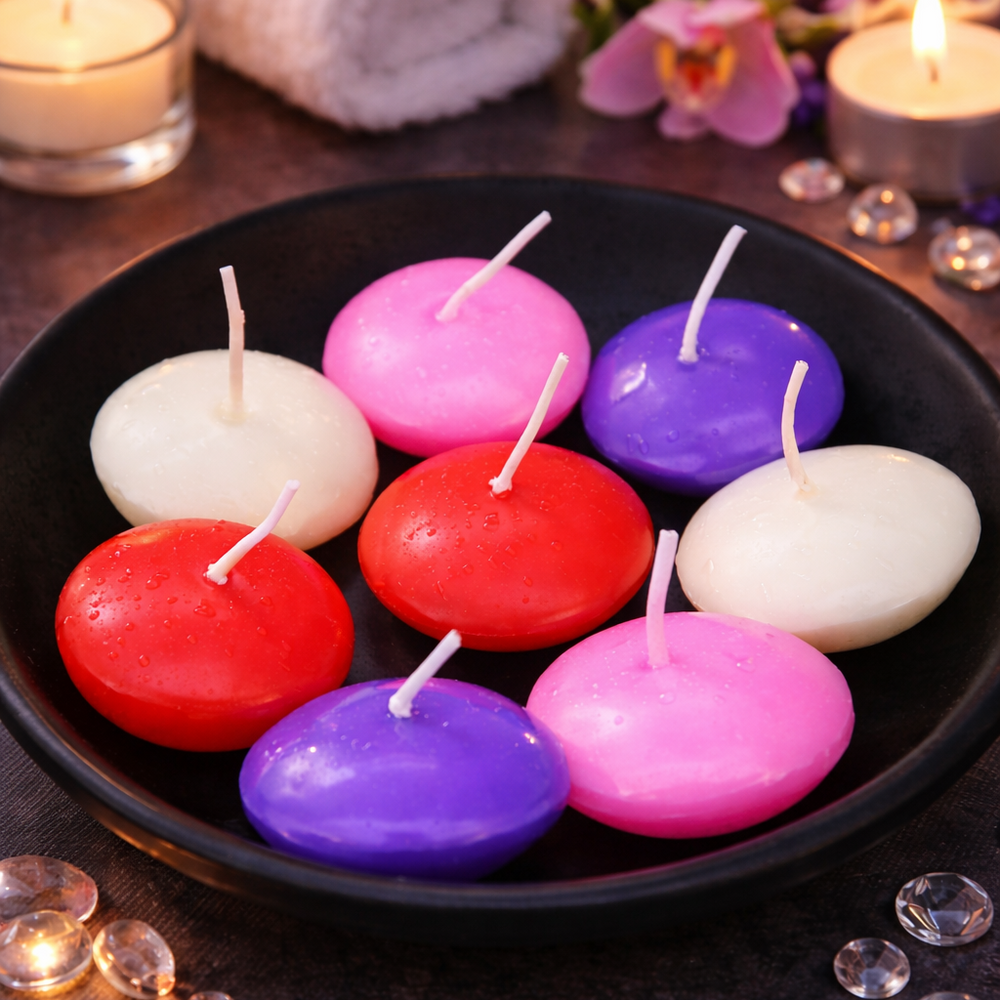 Colorful floating candles in a black bowl on a dark surface with decorative elements.