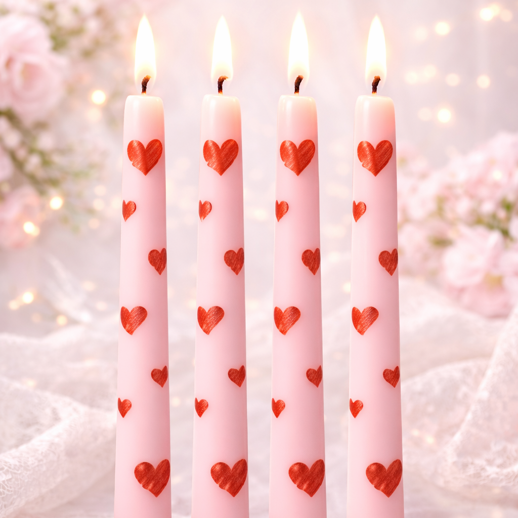 Pink candles with red heart patterns on a decorative stand against a soft, blurred floral background.