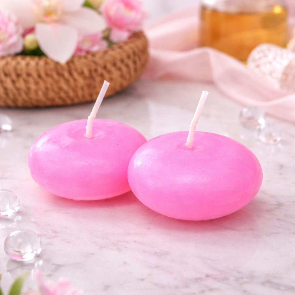 Two pink floating candles on a marble surface with flowers and a bottle in the background.