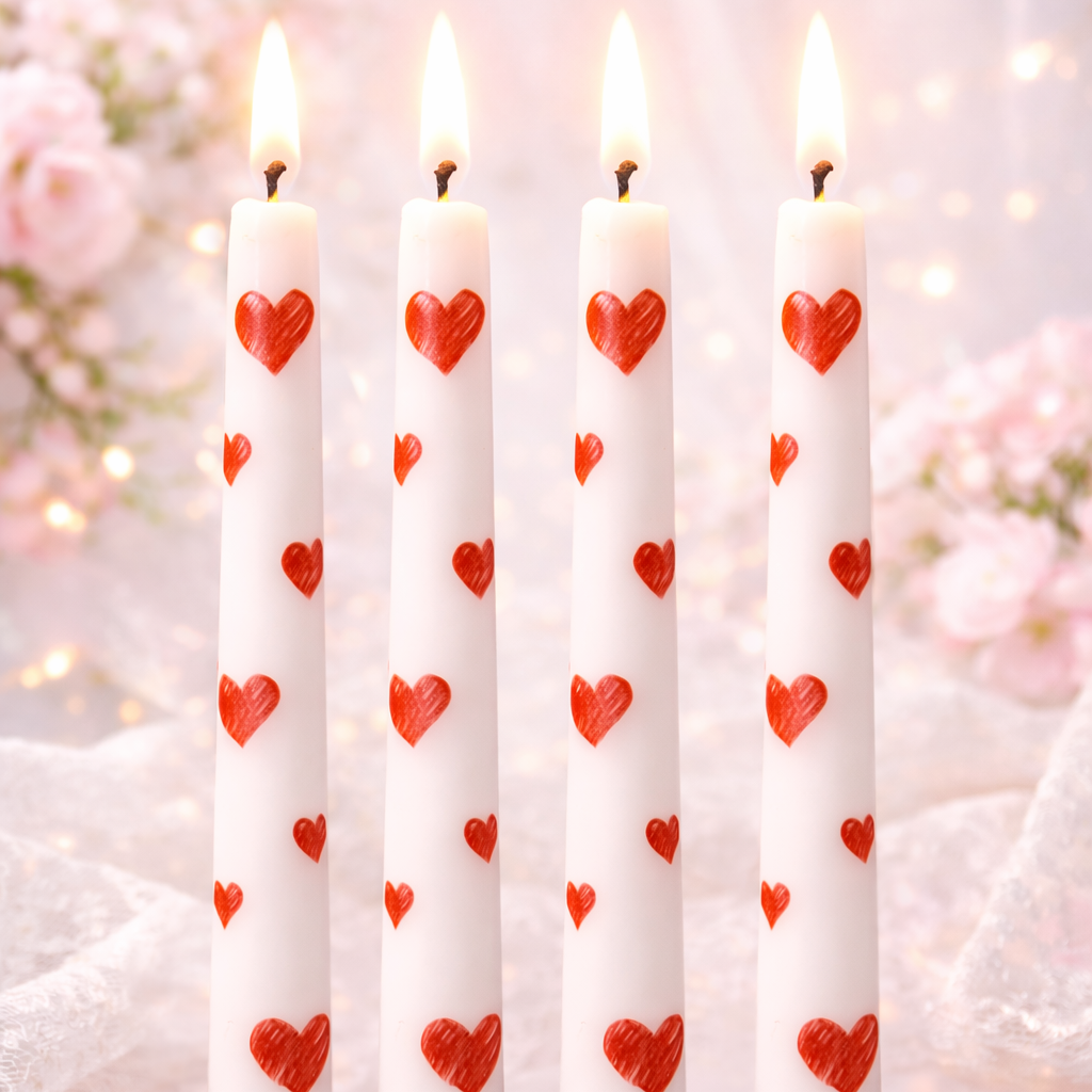 Set of candles with red heart patterns on a blurred floral background
